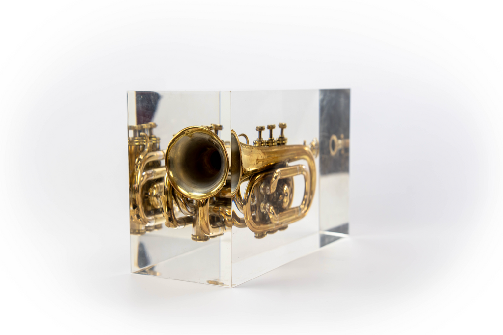Trumpet trapped in glass