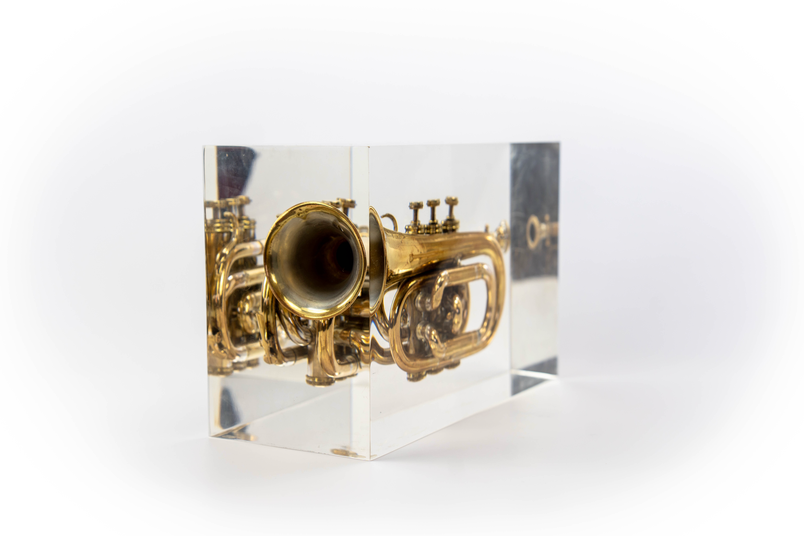 Trumpet trapped in glass