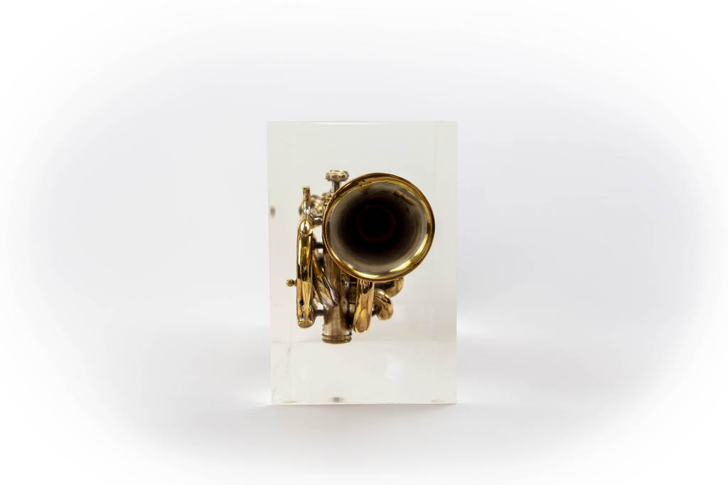 Trumpet trapped in glass