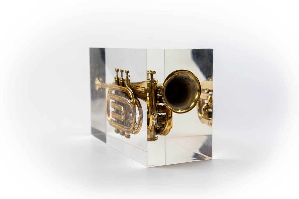 Trumpet trapped in glass