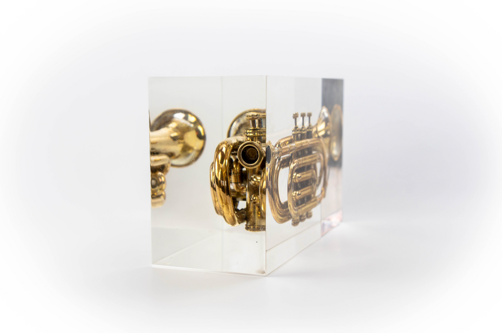 Trumpet trapped in glass