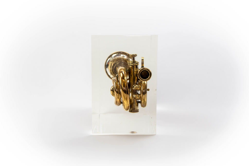 Trumpet trapped in glass