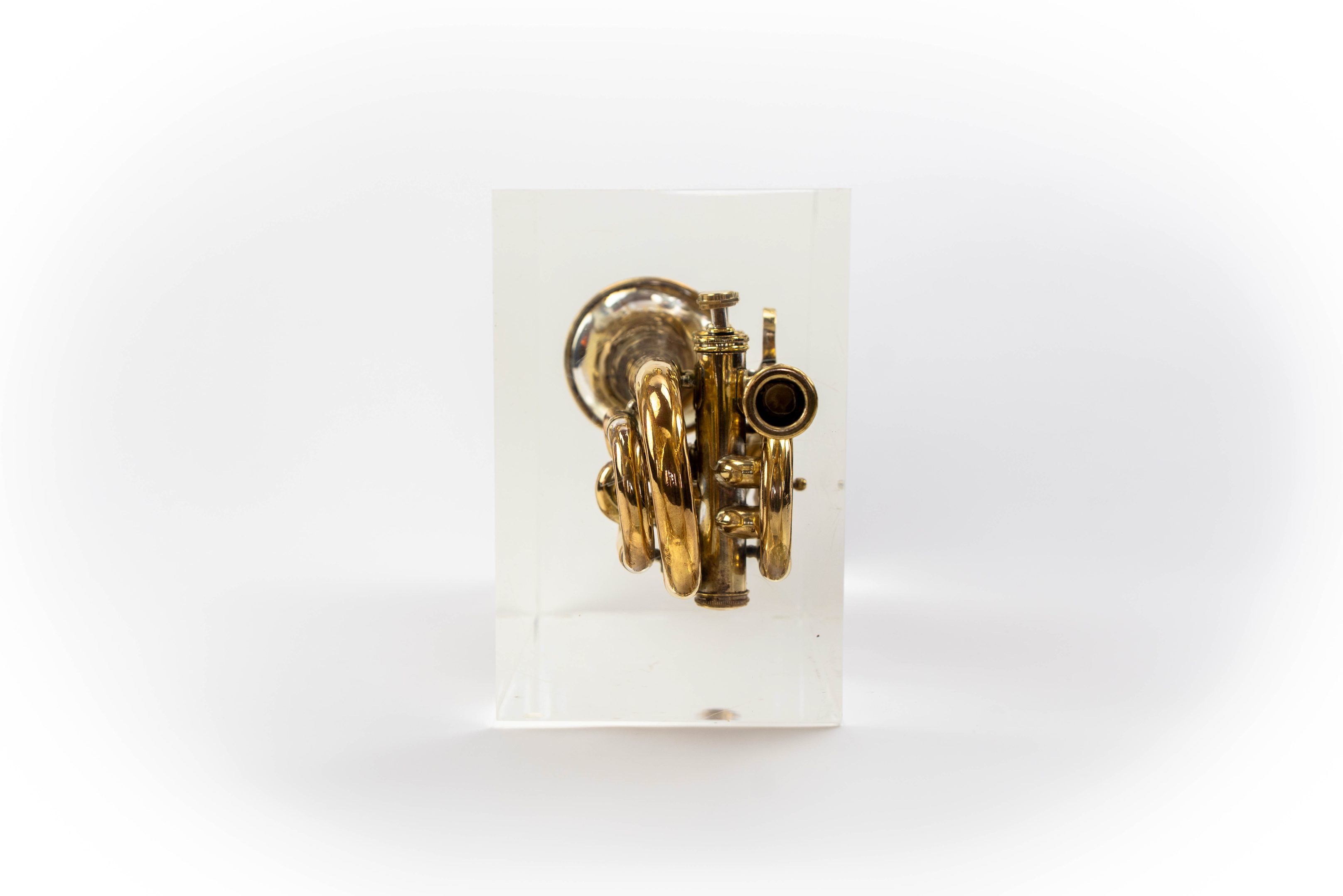 Trumpet trapped in glass