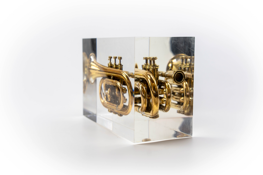 Trumpet trapped in glass