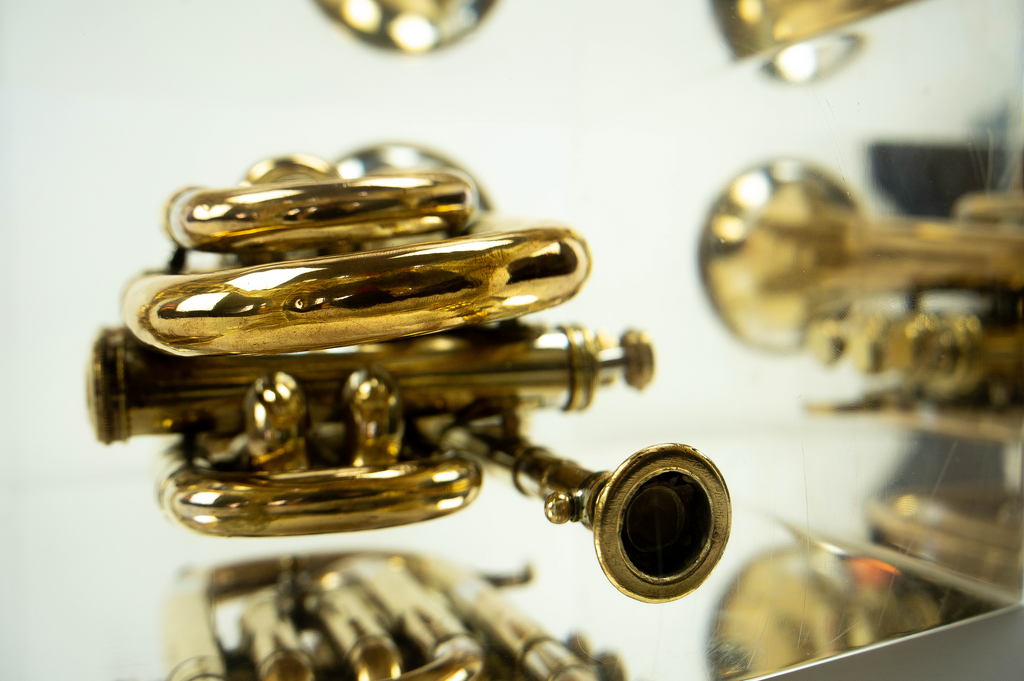 Trumpet trapped in glass