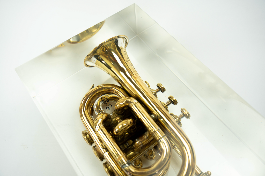 Trumpet trapped in glass